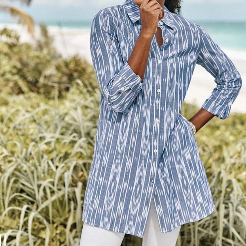 Pure Jill J. Jill  Azure Multi Southwestern Button Down Cotton Tunic Size Small